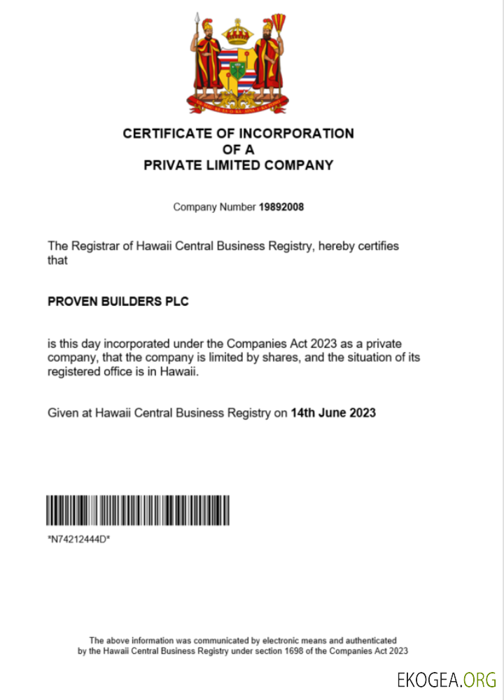 Modèle Word et PDF de certificat d'enregistrement d'Hawaï